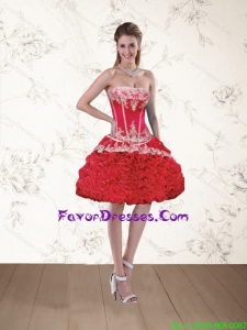 2015 Watermelon Red Strapless Appliques Prom Dresses with Ruffled Layers