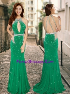 Pretty Column High Neck Backless Green Prom Dress with Beading