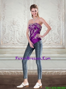 New Style Dark Purple Strapless Corset with Embroidery