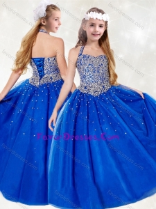 Gorgeous Halter Top Beading Little Girl Pageant Dress in Royal Blue