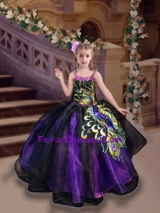 Modest Straps Peacock Applique Little Girl Pageant Dress in Purple