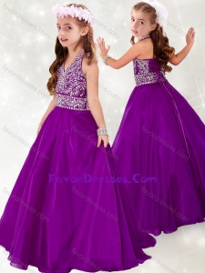 Top Selling Halter Top A Line Purple Little Girl Pageant Dress with Beading