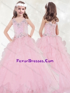 Discount V Neck Brush Train Lovely Girl Pageant Dress with Beading and Ruffled Layers
