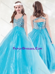 Elegant Straps Beading Lovely Girl Pageant Dress in Aqua Blue