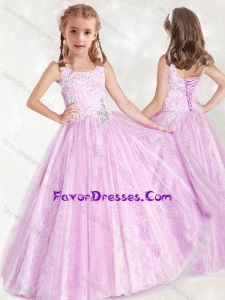 Fashionable Straps Lace Lovely Girl Pageant Dress with Beading and Appliques