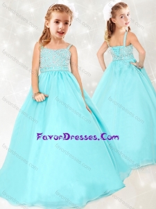 Gorgeous Beaded Straps Lovely Girl Pageant Dress in Aqua Blue