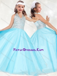 Modest Beaded Baby Blue Lovely Girl Pageant Dress with Halter Top