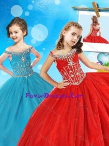 Modest Off the Shoulder Cap Sleeves Little Girl Pageant Dress with Beading