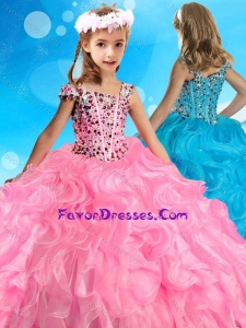 Beautiful Asymmetrical Neckline Rose Pink Lovely Girl Pageant Dress with Beading and Ruffles