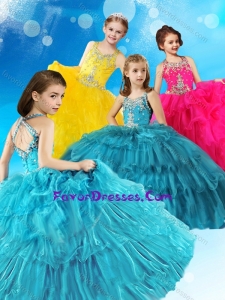 Top Selling Straps Criss Cross Lovely Girl Pageant Dress with Beading and Ruffled Layers