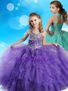 Halter Top Beaded and Ruffled Lovely Girl Pageant Dress in Eggplant Purple