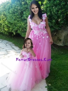 Beautiful Deep V Neckline Latest Prom Dress with Appliques and Hot Sale Rose Pink Little Girl Dress with See Through Sco
