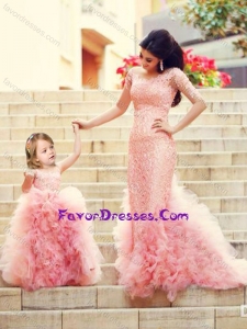 Exclusive Column Long Sleeves Latest Prom Dress with Brush Train and Affordable Ruffled and Laced Little Girl Dress in W