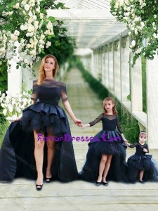 Fashionable High Low Navy Blue Latest Prom Dress with Bateau and Gorgeous See Through 3/4 Length Sleeves Little Girl Dre