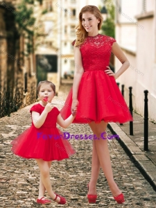 Feminine High Neck Backless Latest Prom Dress in Red and Beautiful Mini Length Little Girl Dress with Cap Sleeves