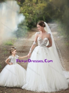 Feminine See Through Long Sleeves Luxurious Wedding Dresses with Appliques and Lovely Big Puffy Flower Girl Dress with H
