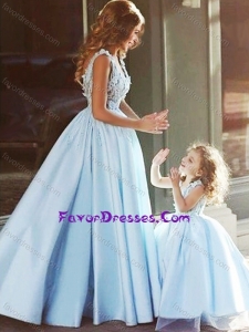 Luxurious V Neck Satin Latest Prom Dress with Appliques and Most Popular Big Puffy Little Girl Dress with Straps