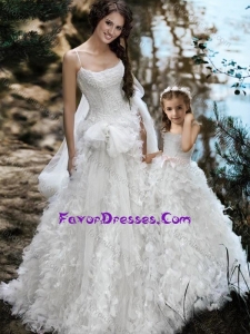 Wonderful Spaghetti Straps Luxurious Wedding Dresses with Ruffles and Beautiful Straps Flower Girl Dress with Bowknot