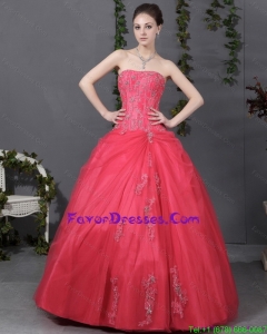 2015 Coral Red Strapless Sweet 16 Dress with Ruching and Appliques
