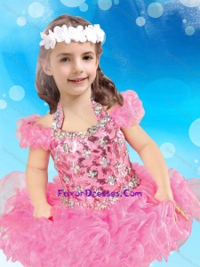 Most Popular Halter Top Organza Short Lovely Girl Pageant Dress in Rose Pink