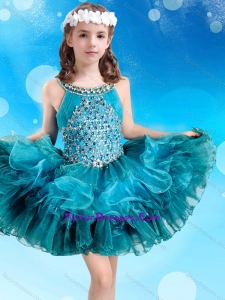 Popular Beaded Decorated Scoop Teal Lovely Girl Pageant Dress in Organza
