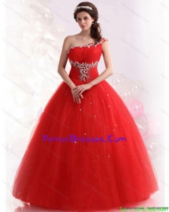 2015 Impression Red One Shoulder Sweet 15 Dresses with Rhinestones