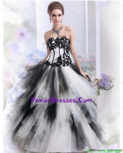 2015 Impression White and Black Strapless Quinceanera Dresses with Appliques