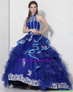 Halter Top Appliques Blue 2015 Quinceanera Dresses with Ruffles and Brush Train