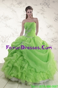 Designer Brand New Spring Green Strapless Sweet 15 Dresses with Ruffles and Beading