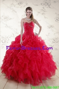 Designer Classical Red 2015 Quince Dresses with Ruffles and Beading