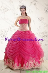 Designer Fashionable 2015 Strapless Hot Pink Quinceanera Dresses with Beading and Lace