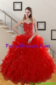 Designer Gorgeous 2015 Sweetheart Red Quince Gowns with Beading and Ruffles