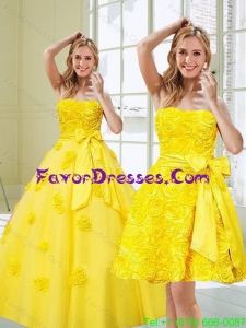 2015 Dynamic Yellow Designer Quinceanera Dresses with Rolling Flowers and Bowknot