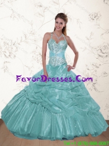 2015 The Super Hot Halter Top Beading and Ruffles Dresses for Quince in Aqua Blue