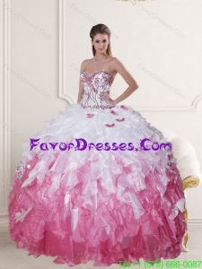 2015 Gorgeous Sophisticated Sweetheart Quinceanera Dress in White and Pink with Beading and Ruffles