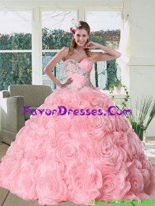 Gorgeous Feminine Rose Pink Quinceanera Dress with Appliques and Rolling Flowers