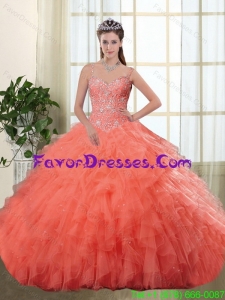 Gorgeous Spaghetti Straps Orange Red Quinceanera Dresses with Beading and Ruffles