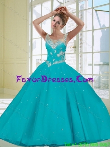Impression 2015 Scoop Turquoise Quinceanera Dress with Beading and Appliques