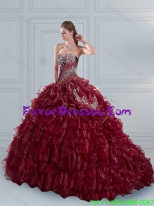 Impression Burgundy Sweetheart 2015 Quinceanera Dresses with Embroidery and Ruffled Layers