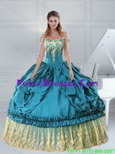 2015 Impression Teal Off The Shoulder Sweet 15 Dress with Embroidery and Pick Ups