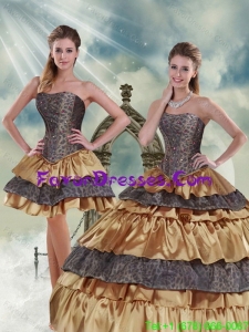 Impression Gold Strapless Leopard 2015 Quinceanera Dress with Ruffled Layers and Beading