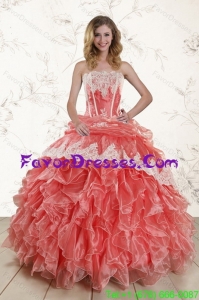 2015 Watermelon Strapless In Stock Quince Dresses with Appliques and Ruffles