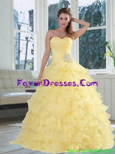 2015 Yellow In Stock Quinceanera Dress with Beading and Ruffled Layers