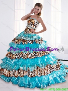 Gorgeous 2015 Leopard Printed Sweetheart Beaded Aqua Blue Quinceanera Dresses with Brush Train
