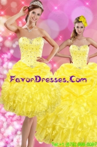 Unique 2015 Sweetheart Yellow Sweet 15 Dresses with Beading and Ruffles