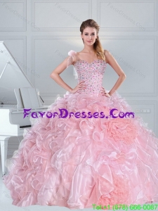 Unique One Shoulder Baby Pink Quinceanera Dresses with Ruffles and Beading