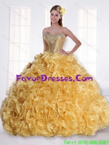 Unique Sweetheart Gold Quinceanera Dress with Beading and Rolling Flowers