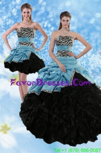 Unique Zebra Print Multi Color Strapless Quince Dresses with Ruffles and Pick Ups
