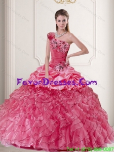 2015 Feminine One Shoulder Watermelon Quince Dresses with Pick Ups and Ruffles