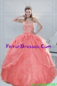 2015 In Stock Watermelon Quinceanera Dresses with Beading